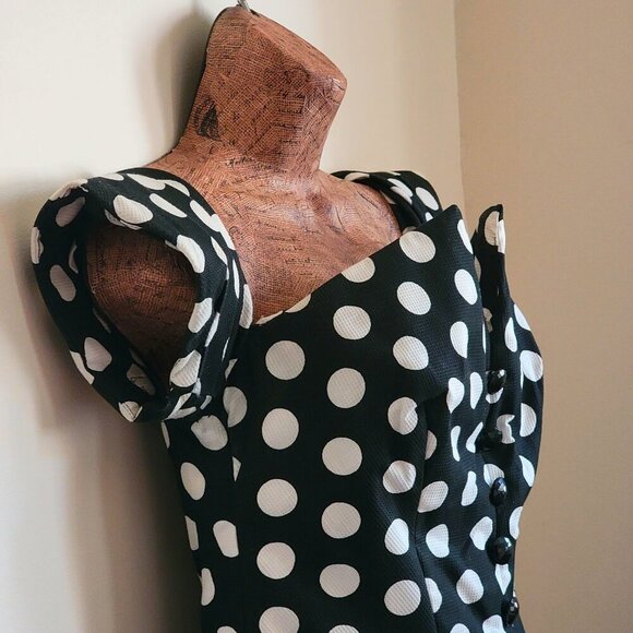 Vintage Y2K 80s 90s Black & White Polka Dot Off-Shoulder Dress with Rached Detai - Picture 4 of 16